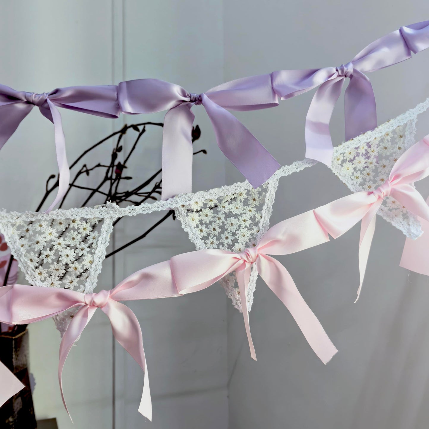 Eanjia Bow Knot Garland | 6ft Linking Satin Bow Banner with 3ft Extend Ribbon for Coquette Bachelorette Party, Baby Shower,Bridal Shower Wedding Baby Room Bed Decor (Lace Pennant Banner, 4.9ft)