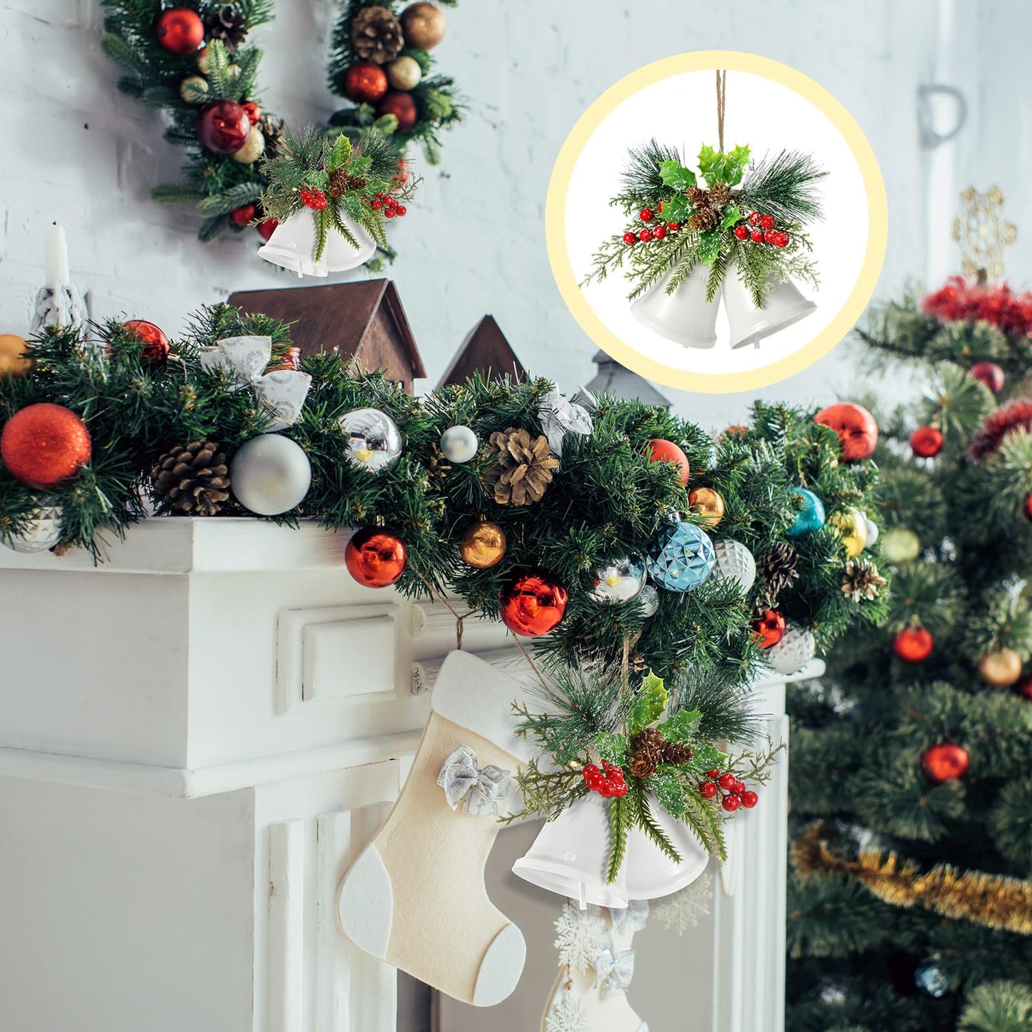 Tioncy Christmas Bell Hanging Ornaments 8.7" Large Rustic Metal Bell Decoration Xmas Hanging Decorative Bell with Red Berry for Christmas Wreath Tree Door Decor(White,4 Pcs)