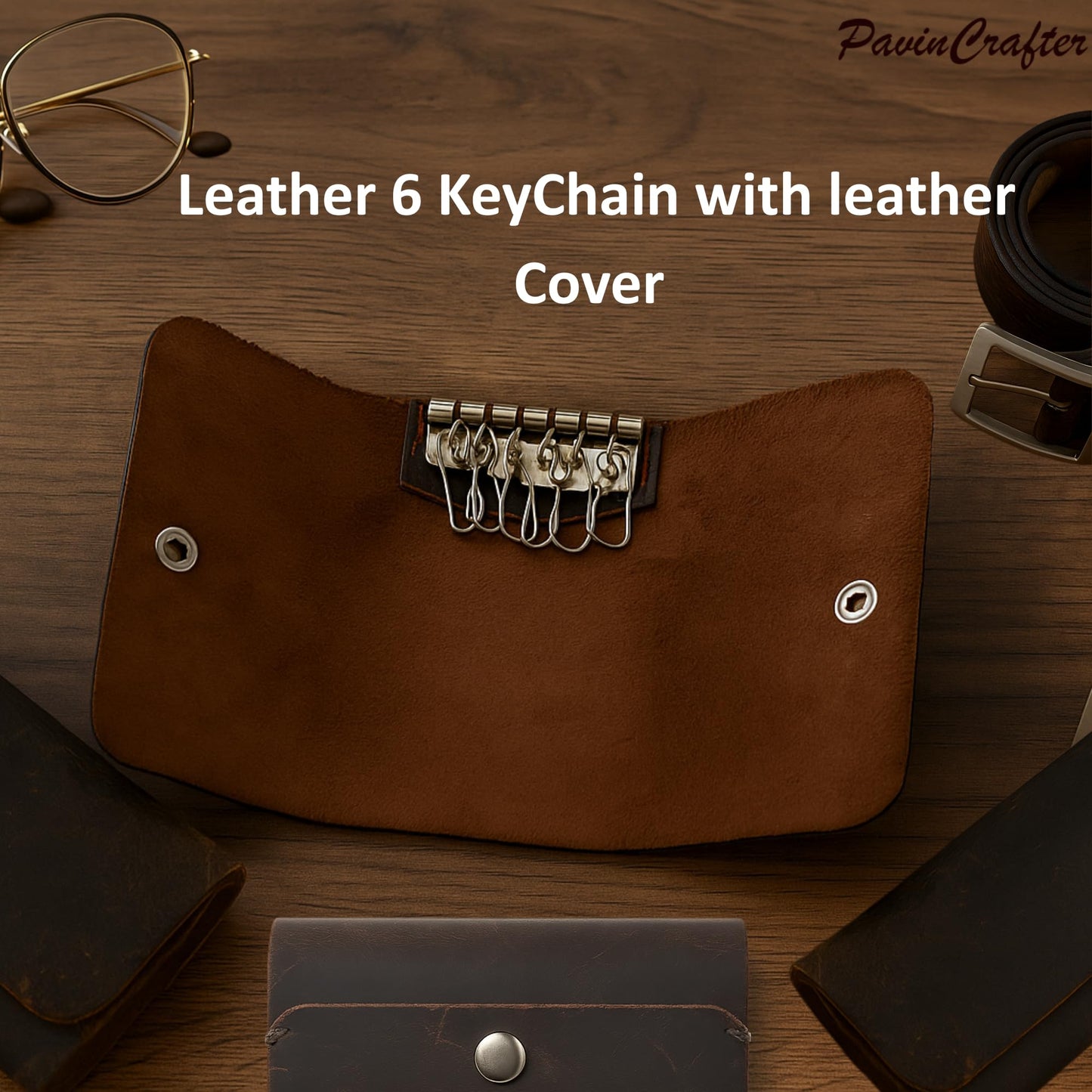 PavinCrafter Leather Key Sleeve – Brown Genuine Leather Key Holder with 6 Ring Slots & Button Closure – Compact Key Organizer for Men & Women