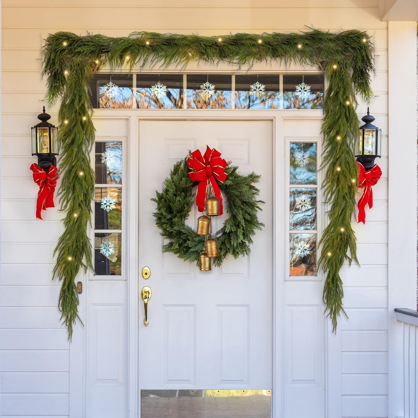 Fovths 1 Pack 9 Feet Christmas Norfolk Garlands Set Artificial Faux Greenery Garland 4 Cow Bell with Jute Hanging Rope Light String Winter Pine Garland for Xmas Indoor Holiday Decor, Green