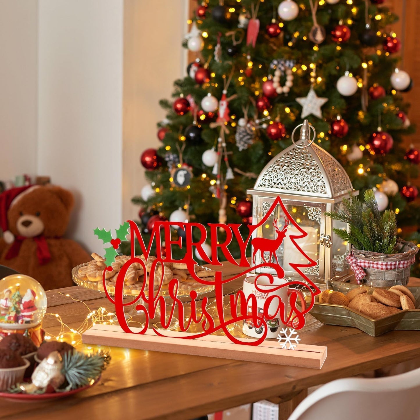 Metal Merry Christmas Table Sign Xmas Tabletop Centerpiece with Wooden Base Freestanding Rustic Tiered Tray Decor for Home Mantel Shelf Fireplace Decoration (Red)