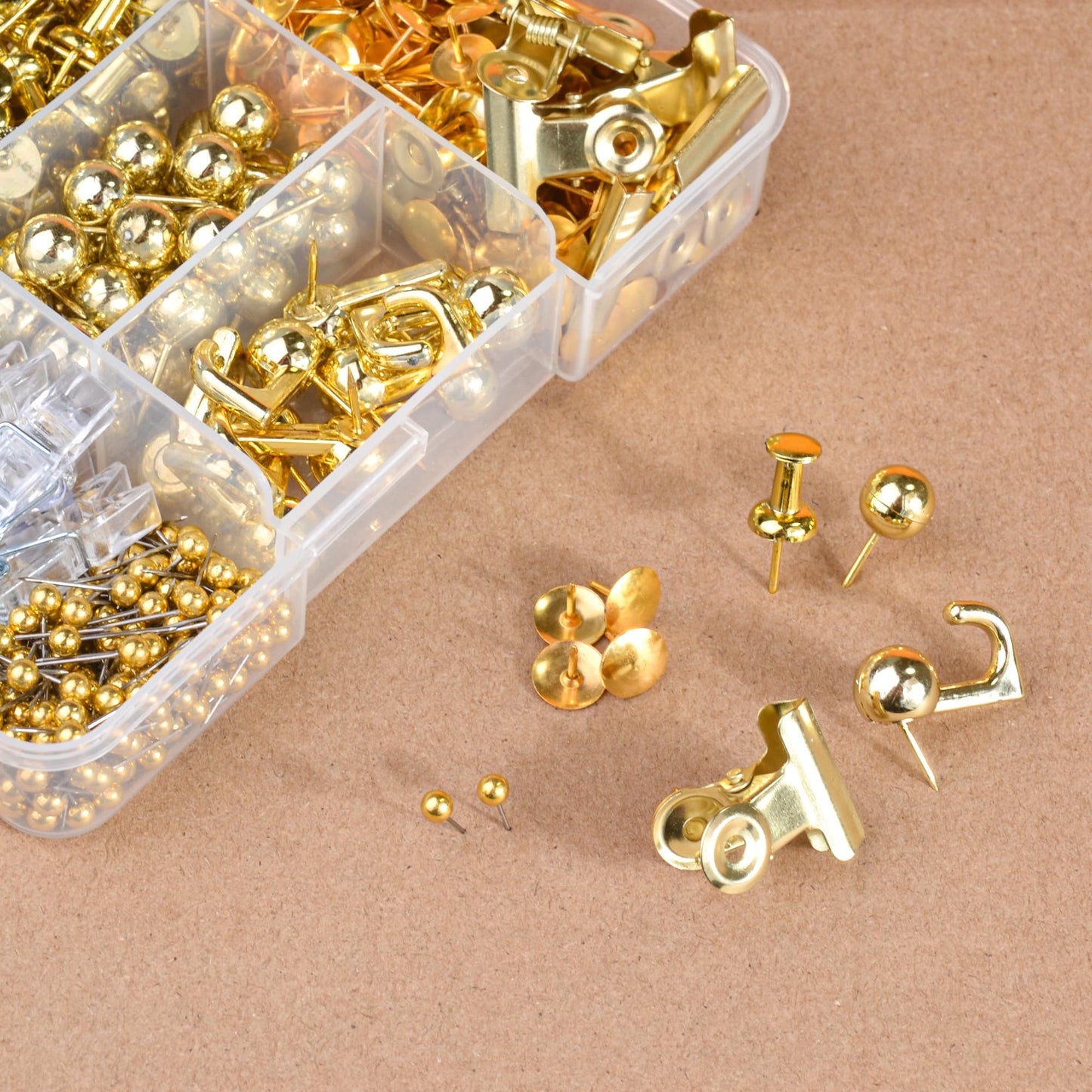400 Pcs Gold Push Pins Set,7 Styles Push pins, Pin Tacks,Decorative Thumb Tacks for Cork Board,Bulletin Boards Home Office Accessories