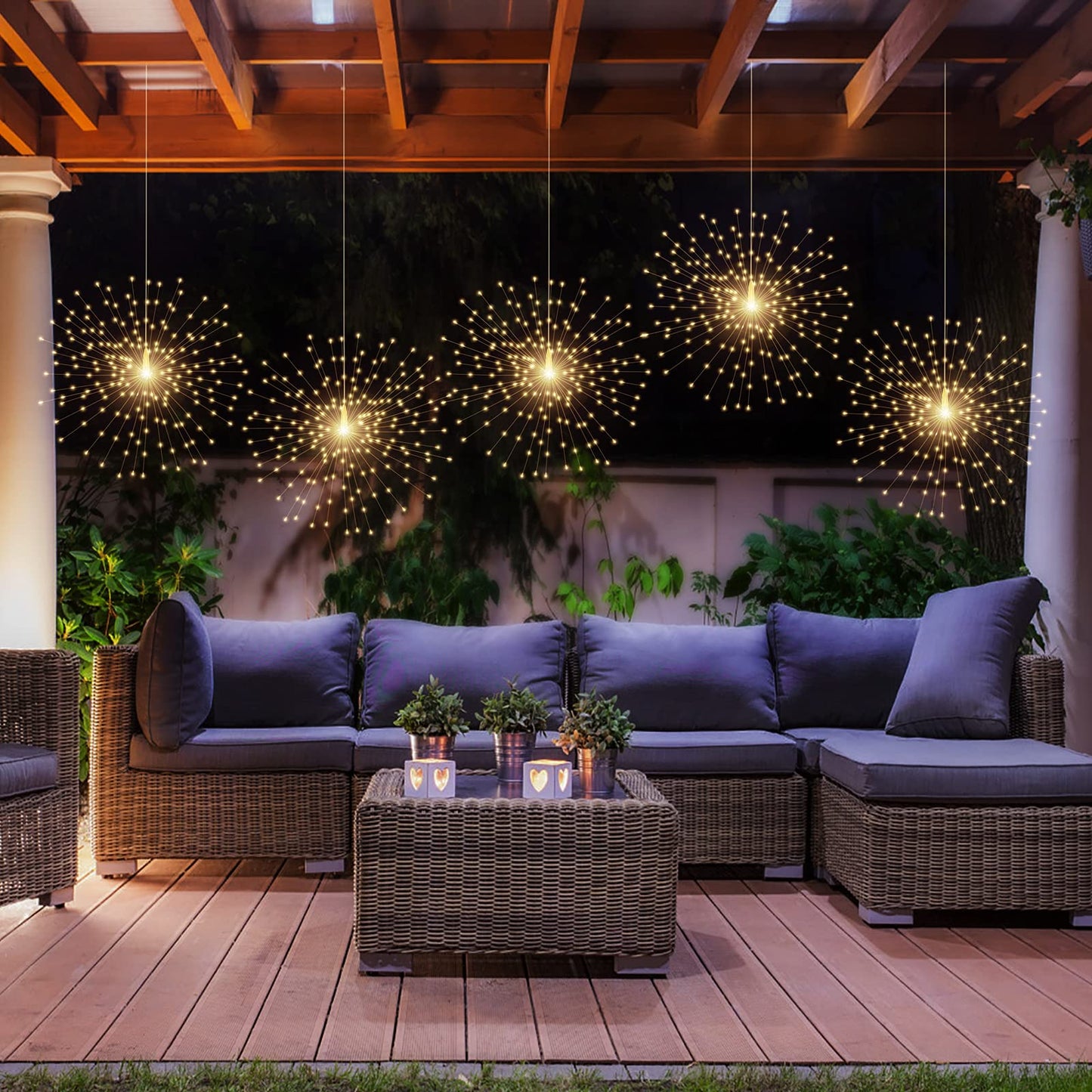 PXBNIUYA 2 Pack Solar Starburst Sphere Lights,200 LED Firework Light 8 Modes Dimmable Waterproof Hanging Fairy Light, Copper Wire Lights for Tents Patio Parties Christmas-NO Remote (Warm White)