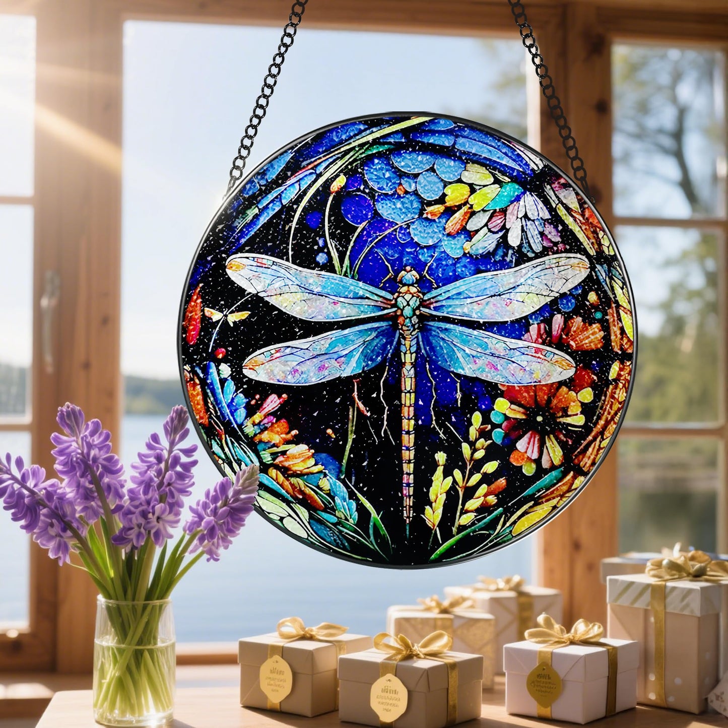 8 Inch Stained Glass Suncatcher Ornament, DOUHASU Dragonfly Sun Catchers Indoor Window, Stained Glass Window Hanging, Home Decor, Dragonfly Lovers Gifts for Women, Mom, Grandma, Friend