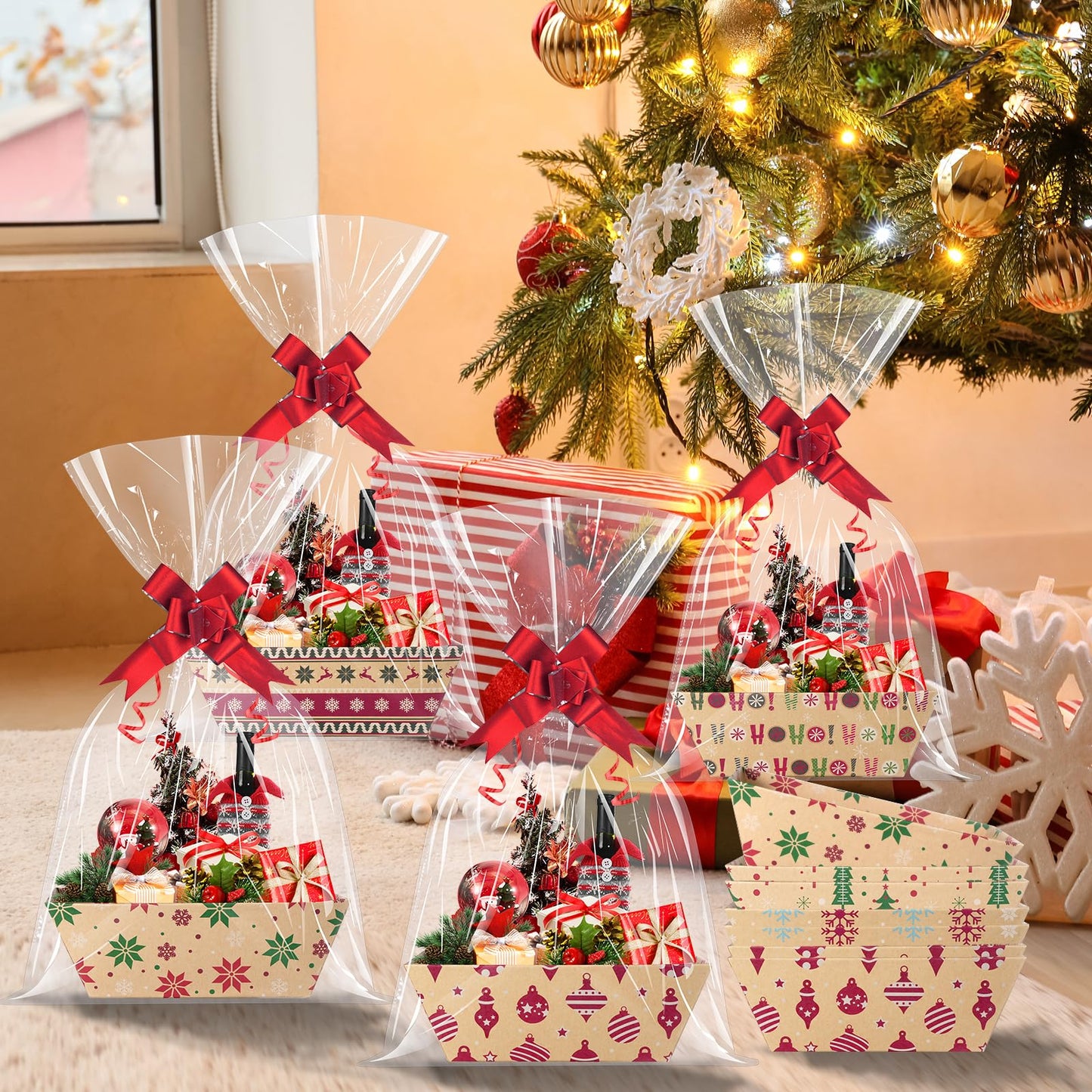 Pascliyna 12 Set Christmas Gift Baskets Empty 10x7 Inch, Kraft Paper Christmas Gifts Baskets with Cellophane Bags and Red Pull Bows, Reusable Gift Wrapping for Xmas Holiday Winter Party Supplies