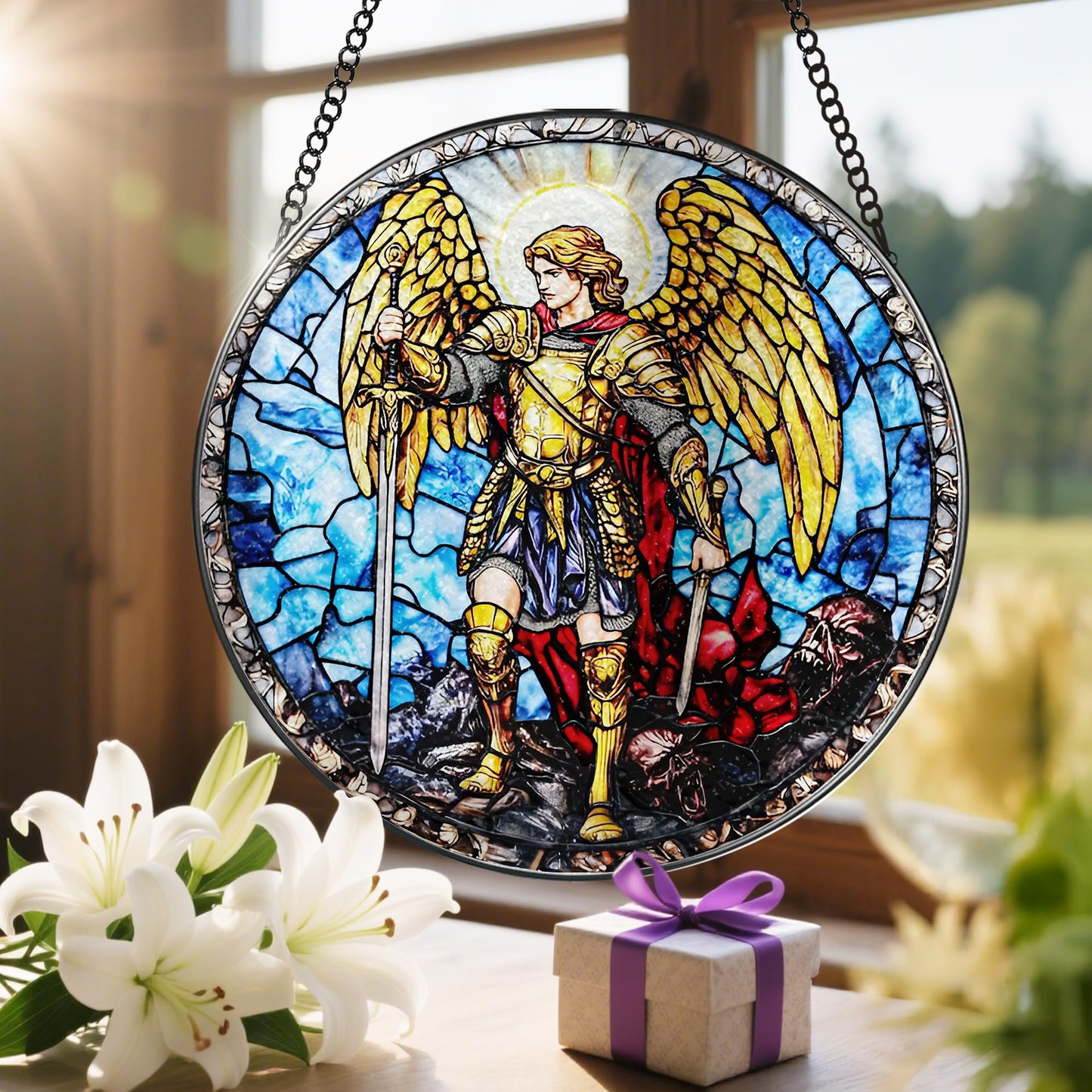 Stained Glass Suncatcher, Archangel Michael Sun Catcher Ornament; Stained Glass Window Hanging, Warrior Angel Window Decor; Christmas Home Decor, Christian Gifts, Religious Gifts