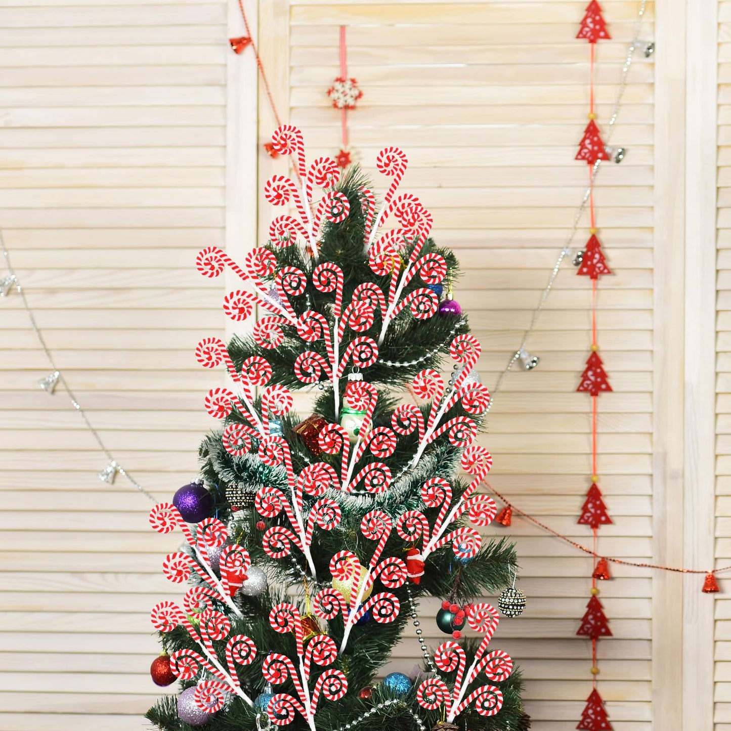 Gerrii 12 Pcs Red and White Candy Cane Christmas Decoration 16" Tree Pick Peppermint Christmas Ornament Xmas Tree Topper Woolen Curly Lollipop Pick Spray for Holiday Party Vase Wreath Garland