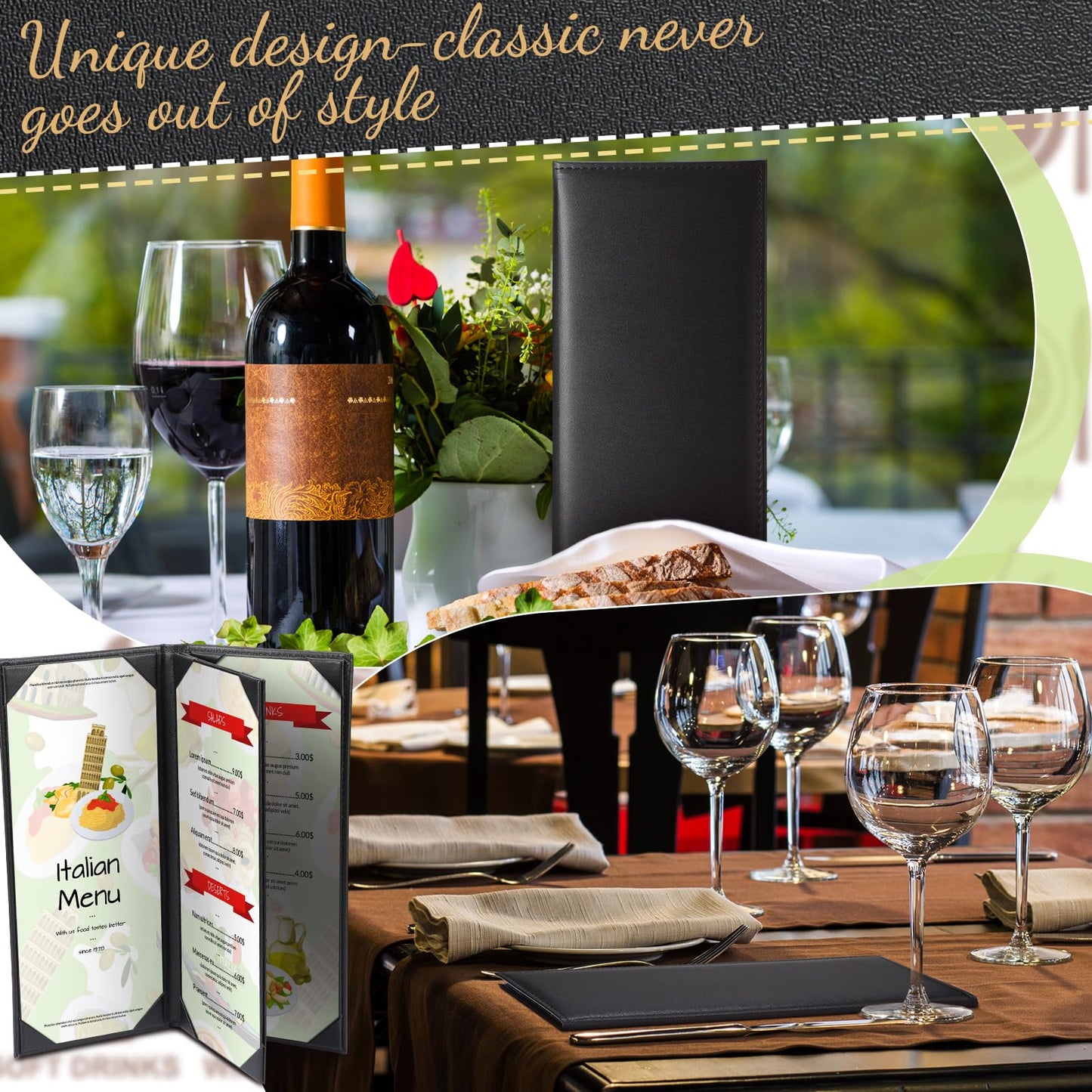 Jexine 30 Pcs Leather Menu Covers Holders - 4.25 x 11 Inches 4 View Fold Black Leather Menu Book with Angled Corners Waterproof for Restaurant Cafe Bar Wine Drinks List Covers Set