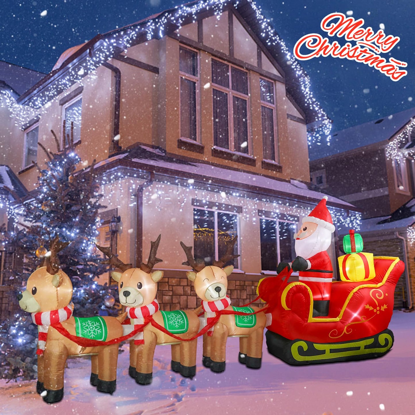MUMTOP 12FT Long Christmas Inflatables Outdoor Decorations, Inflatables Santa Claus Sleigh with Reindeer Christmas Blow up Yard Decorations Built-in LED Lights for Outdoor Party Holiday Decor
