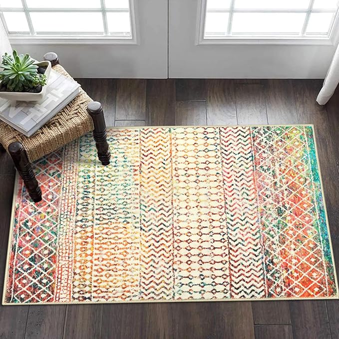Moroccan Small Rug for Bedroom, 2x3 Colorful Rug Non-Slip Washable Indoor Door Mat, Soft Low-Pile Distressed Kitchen Mat Floor Carpets for Bedside Kitchen Entryway Bathroom