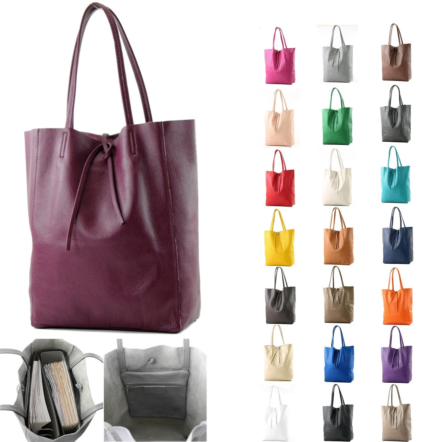 modamoda de T163 Women's Leather Shopper Shoulder Bag Large with Inner Pocket Handmade in Italy, Ocean Grey, L