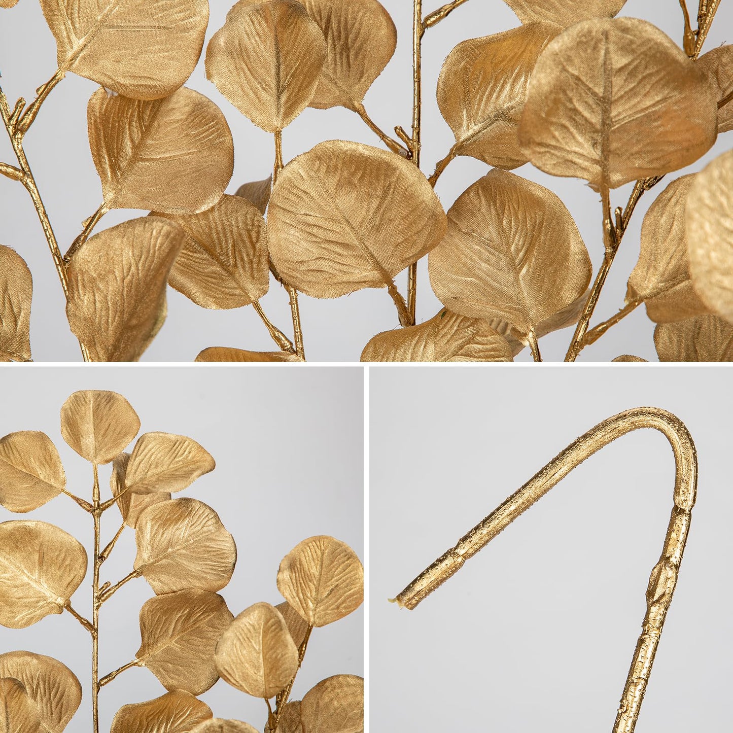 Hollyone 32” Christmas Tree Picks and Sprays 3Pcs Gold Artificial Eucalyptus Stems Eucalyptus Leaves Branches Fake Gold Leaf Floral for Vase DIY Xmas Tree Garland Wreath Centerpieces Wedding Decor
