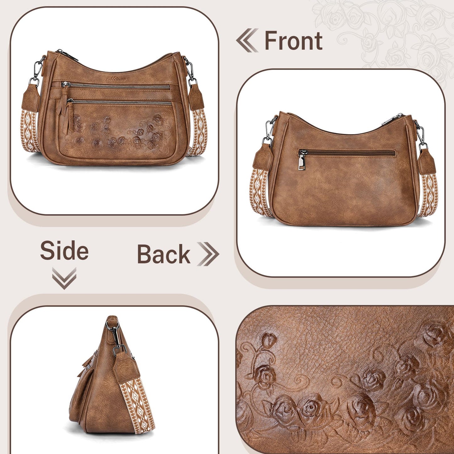 MEITRUE Crossbody Bags for Women Vegan Leather Medium Hobo Purse Women's Hobo Bag Shoulder Handbag with Rose Embossed Design Detachable Wide Strap