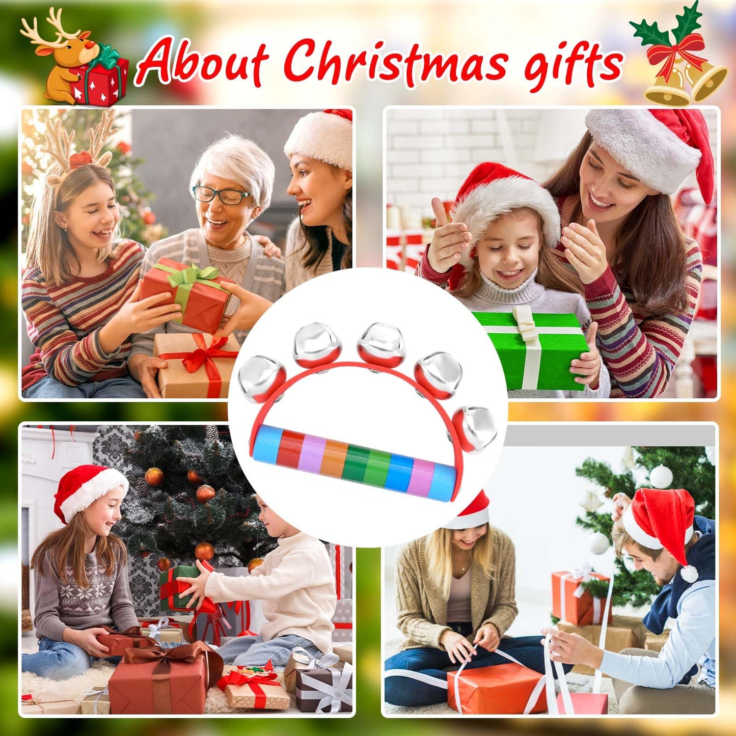 Bouiexye 8 Pcs Christmas Hand Bells for Kids Wooden Sleigh Bells with Red Handle for Classroom Christmas Party School Band Performance (Rainbow Color)