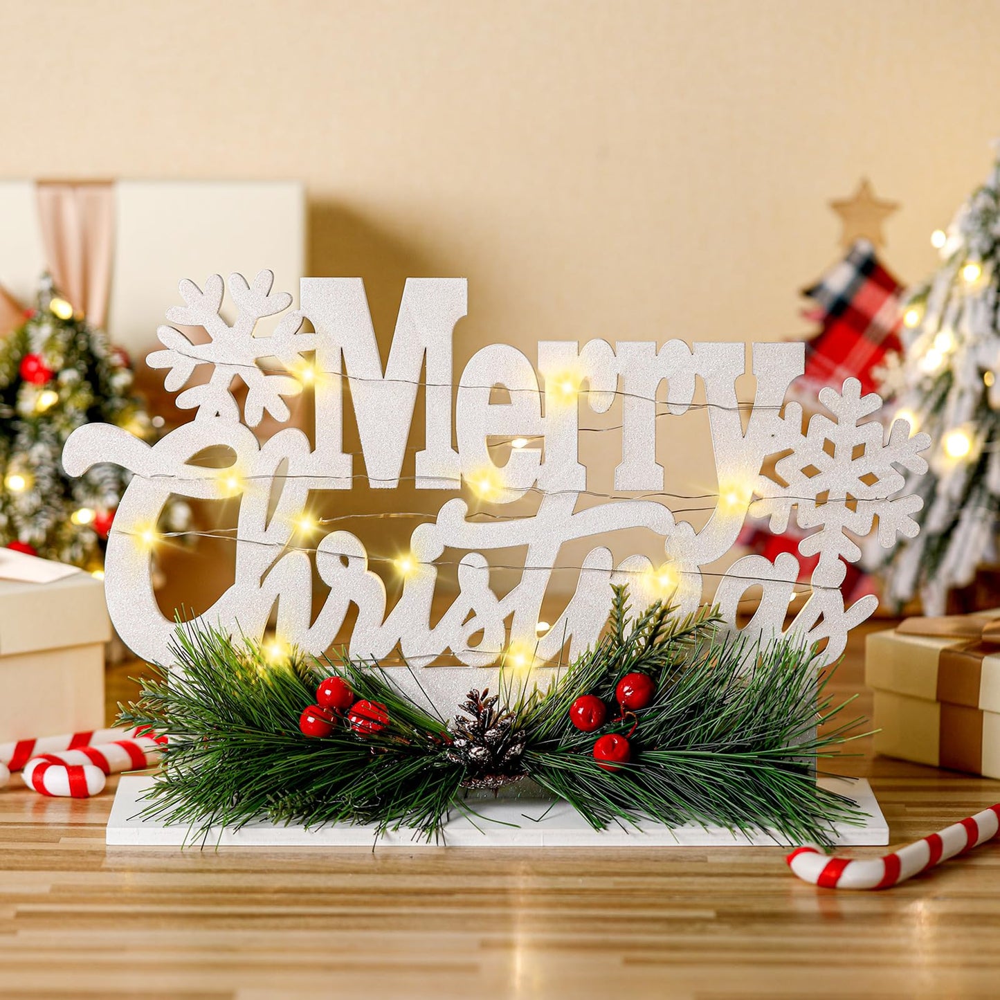 Leinuosen Merry Christmas Sign Wooden Christmas Table Sign with Holly and LED Light White Xmas Wooden Table Centerpiece for Mantel Fireplace Shelf Xmas Party Home Tabletop Decoration
