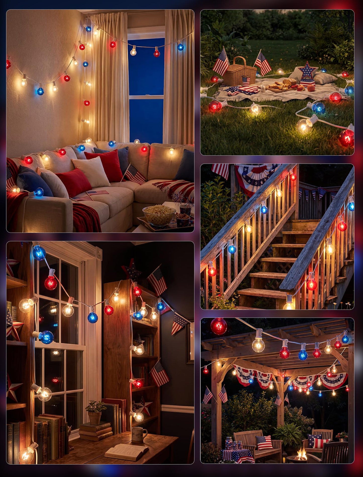 25Ft G40 Red White and Blue String Lights, 4th of July Decorations Lights Plug in with 27 5W Globe Light Bulbs, Waterproof Outdoor Patriotic Lights for Memorial Day Independence Day Home Patio Decor