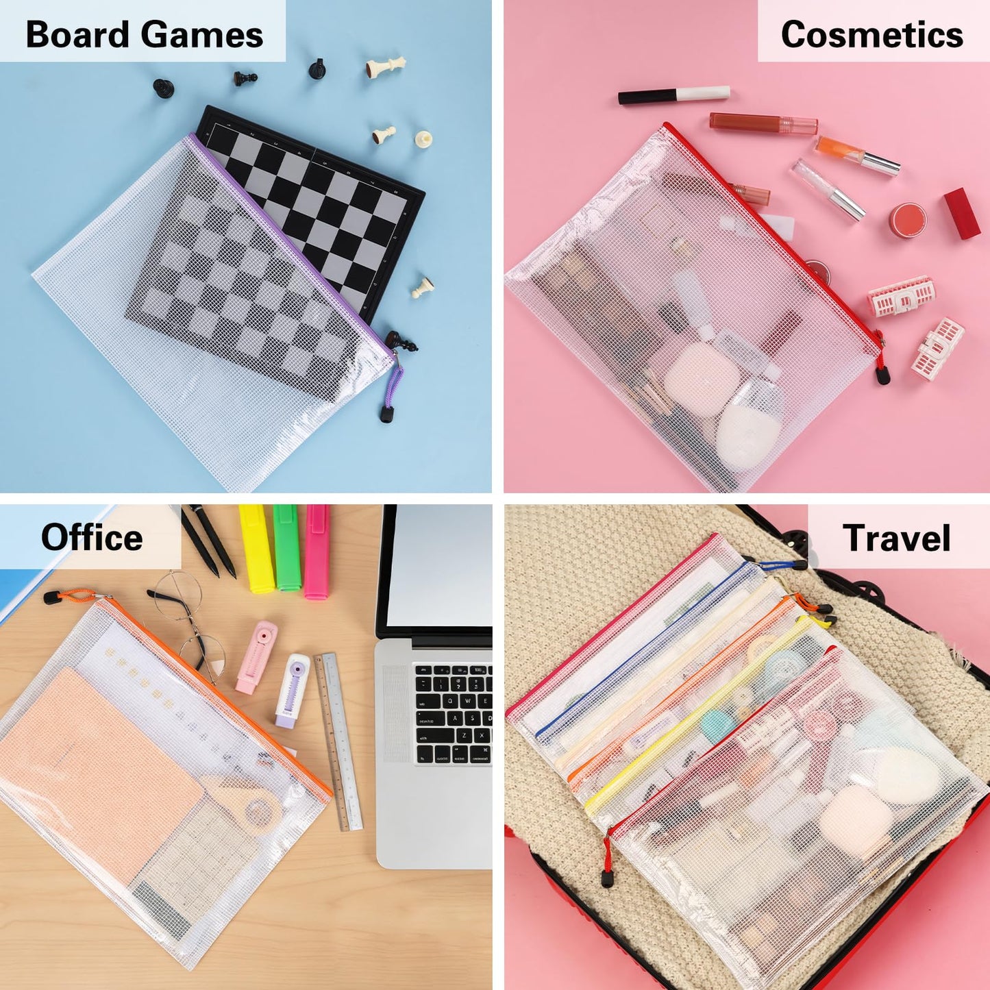 EOOUT 24pcs Mesh Zipper Pouch Bags A4 Document Bag, 13.5x9 Inches, Plastic Zip File Folders, Puzzles, Board Game Storage for Organizing Office Home