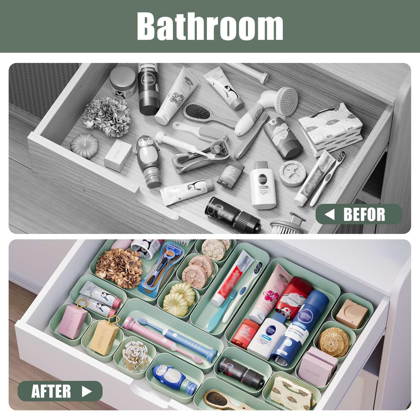 Plastic Drawer Organizers, 10 PCS Drawer Organizer Bins, Bathroom and Vanity Organizer Plastic Tray, Makeup organizer and storage for Makeup, Bedroom, Kitchen Gadgets Utensils and Office (Green)