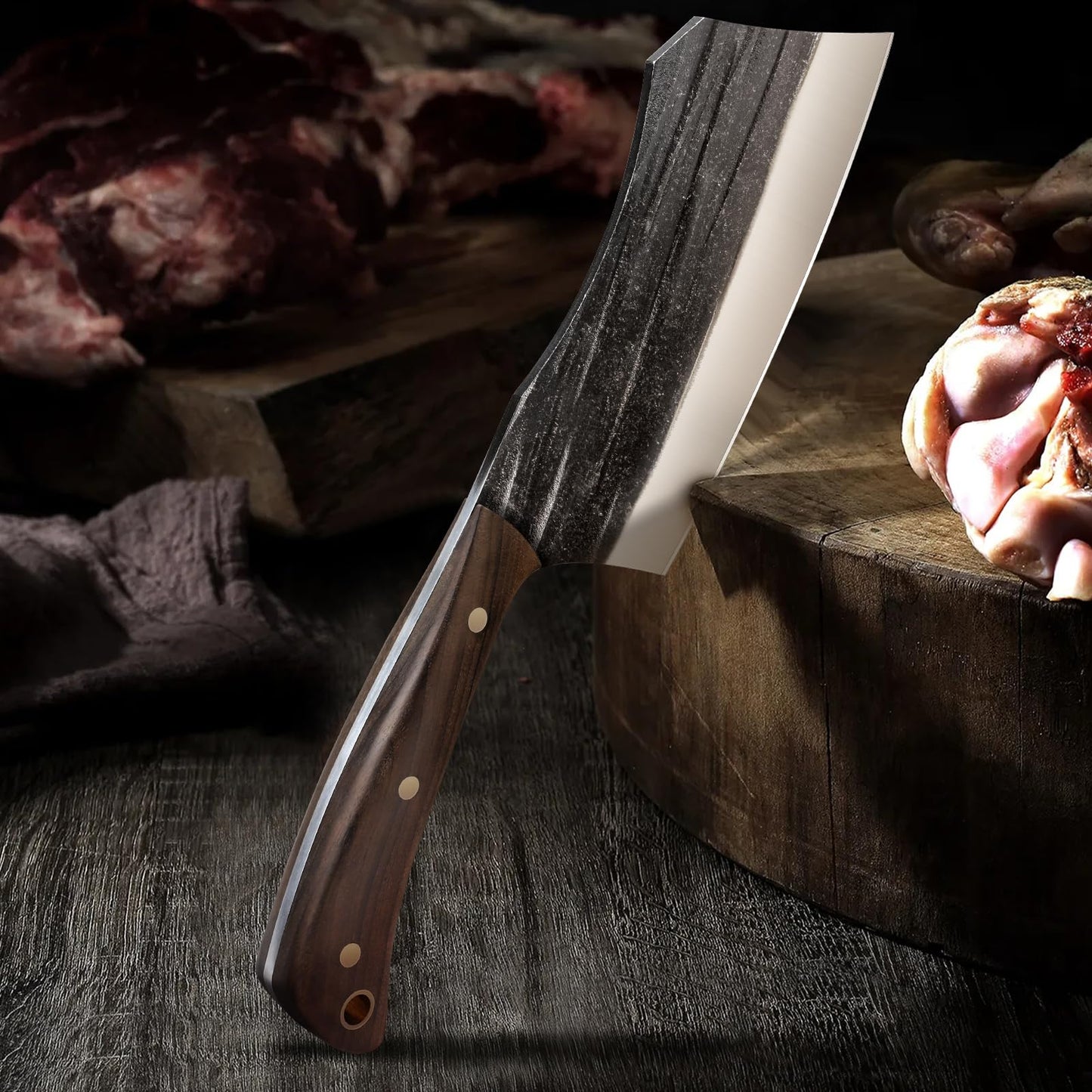 HOSHANHO Butcher Knife Set, 3-Piece High Carbon Steel Serbian Chef Knife Set of Heavy Duty Boning Knife & Meat Cleaver Knives & Viking Knives for Home, Cooking, Outdoor Camping BBQ
