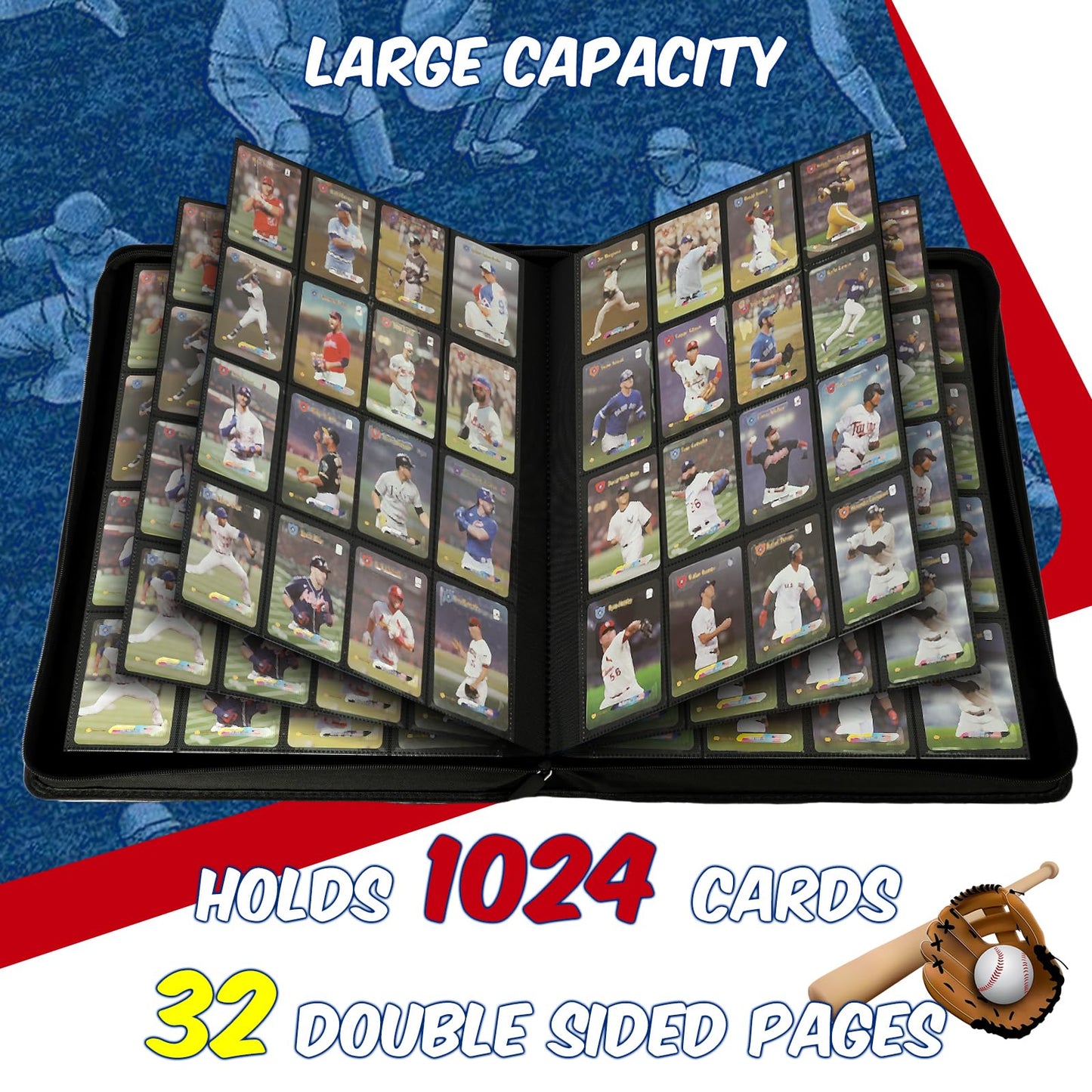Baseball Card Binder 16 Pocket, Premium 1000+ Cards PU Cover Trading Sports Card Binder Side Loading Card Holder Collection Album Folders