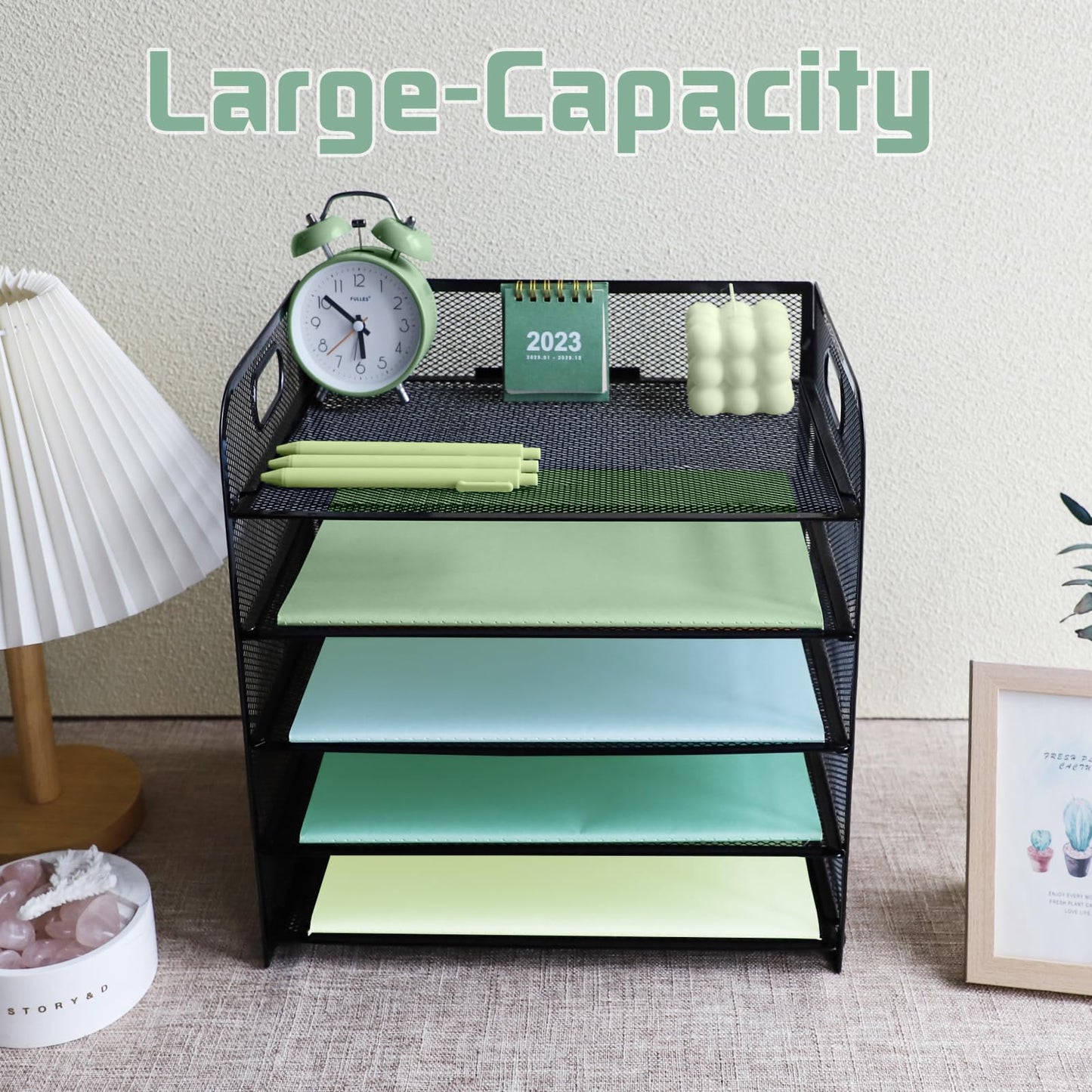 IOUGDSEC Paper Letter Tray with Handle, 5 Tier Metal Mesh Desk File Organizer, A4 Paper Desktop Filing Trays, Desk Tidy Magazine Document Holder for Home Office, Black