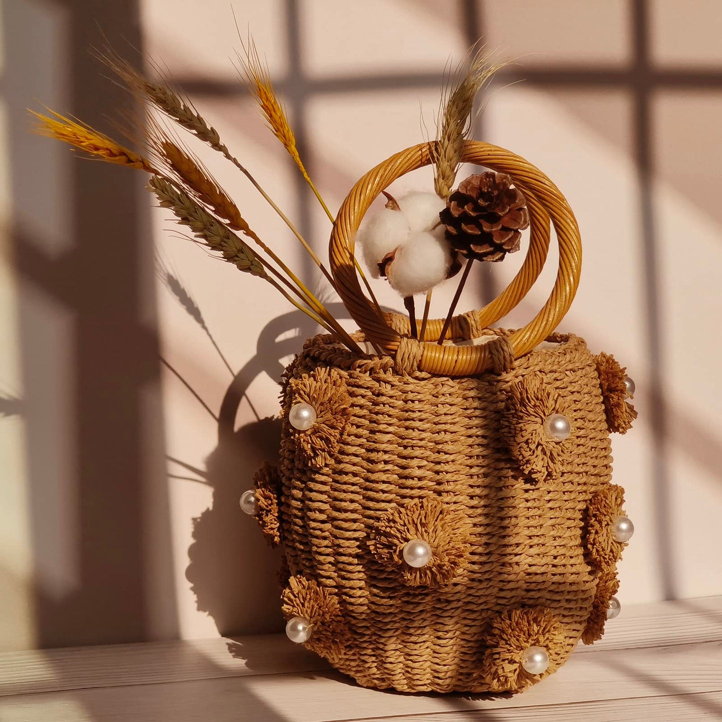 NIBD Flower Pearls Rattan Tote Bag Summer Beach Drawstring Straw Bucket Bag Diamonds Woven Handbag (A Flower)