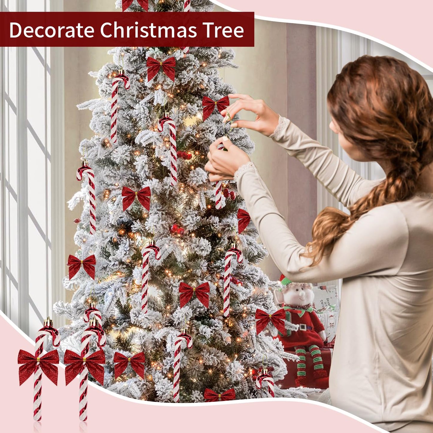 12 Pcs Candy Cane Christmas Decorations, 5.5inch Glitter Candy Cane Bows for Xmas Tree Hanging Ornament Holiday Festival Party Home Decoration (Red)