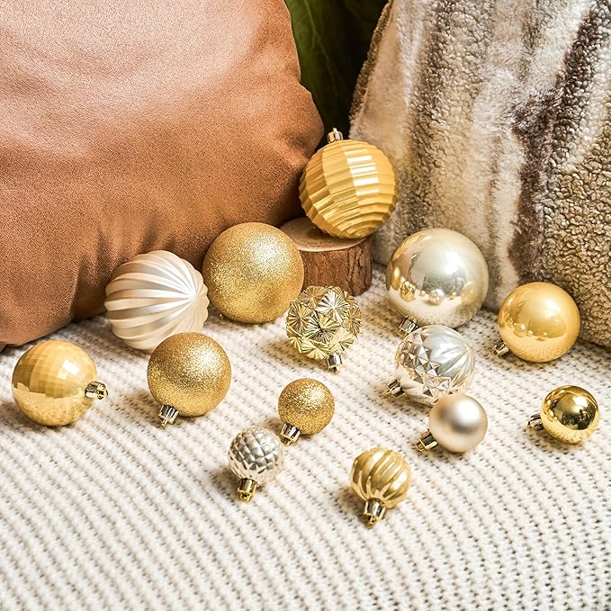 JORNOY Christmas Tree Ornaments Set, 47 Pack Assorted Shatterproof Hanging Balls Decorations, Plastic Bulbs Bulk with Lanyard for Home Holiday Party Decor, 3-Sizes (Gold)
