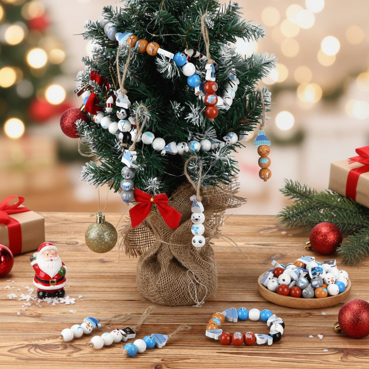 Geelin 300 Pcs Christmas Wood Beads with Twine - Santa Gingerbread Snowman Winter Animals Wooden Round Bead for Hanging Ornaments DIY Crafts Garland Holiday Tree Decor(Winter Animals)