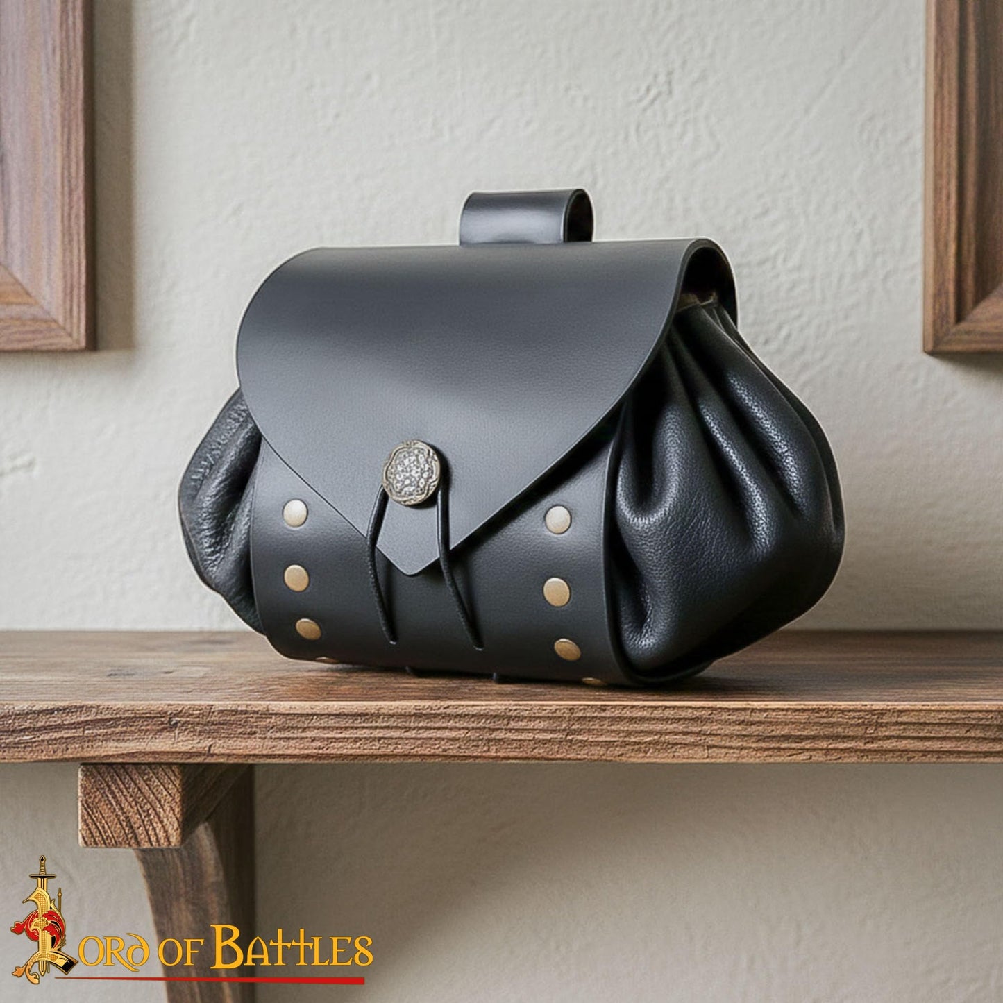 Medieval Drawstring Pouch with Brass Button, Belt Pouch with Loop, Genuine Leather Coin Purse for LARP, Reenactment and Costume (Drawstring Bag, Black)