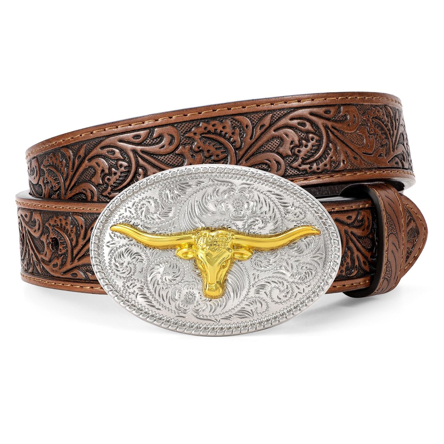 JKEEMI Kids Western Belt for Boys Girls, Embossed Genuine Leather Cowboy Cowgirl Belt for Jeans Pant Dresses Gift