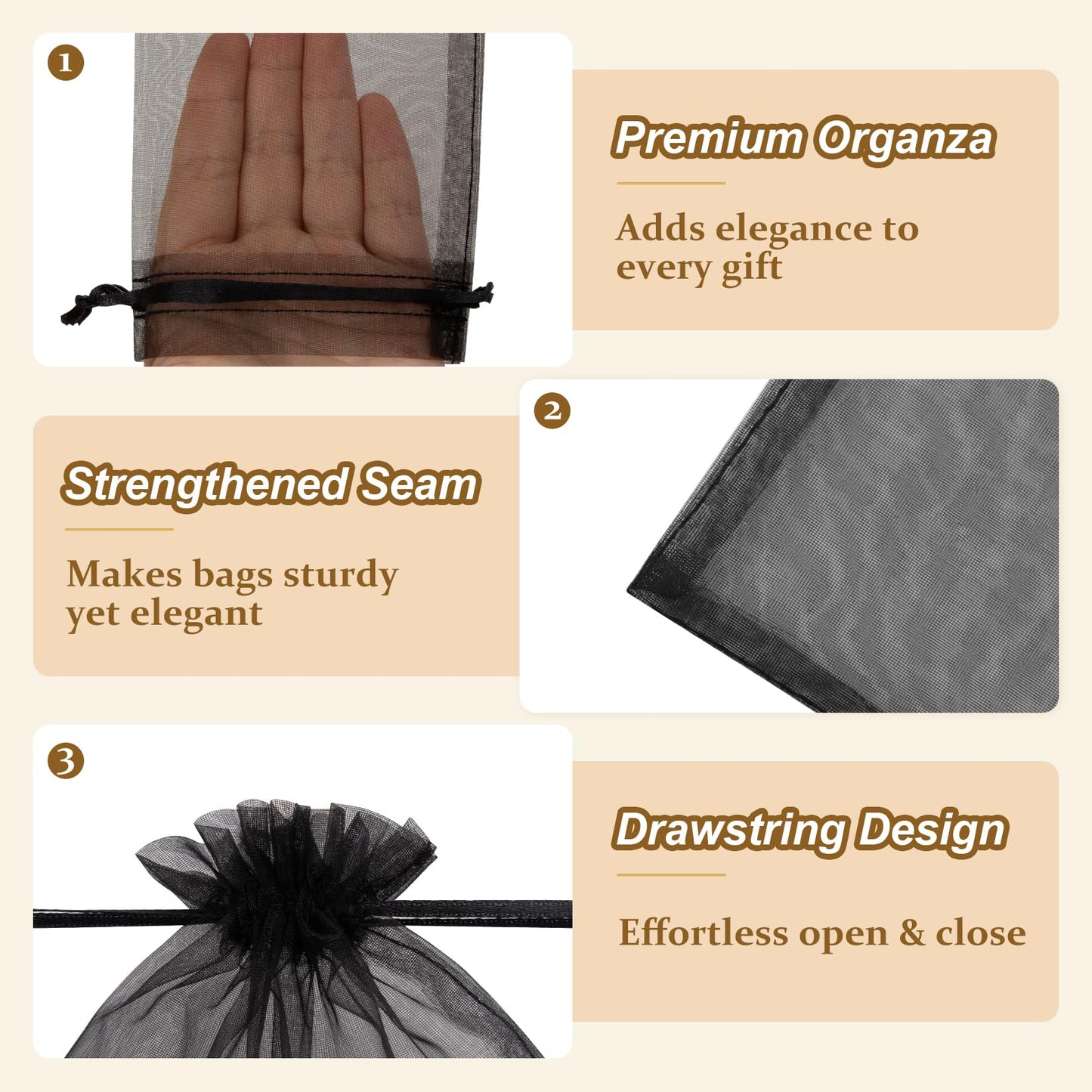 Crweety 50 Pcs Black Organza Bags 4x6 Inch, Small Mesh Gift Bags Drawstring for Jewelry Bracelet Packaging, Premium Sheer Gift Pouch for Wedding Party Favor, Candy Goodie Bag & Graduation Gifts