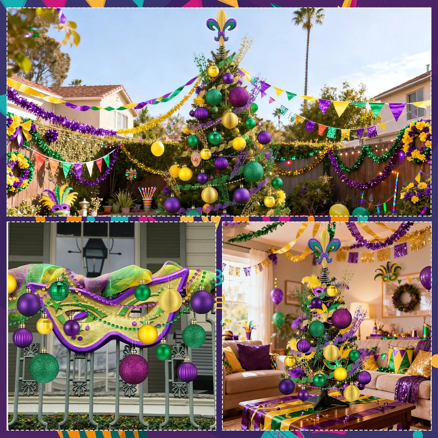Vertintong 69 Pcs Mardi Gras Decorations Set Mardi Gras Tree Decor Bulk Purple Yellow Green Ball Ornament Fleur-de-lis Wired Berry Stems Beads Ribbon for Xmas Holiday Party Tree Ornaments