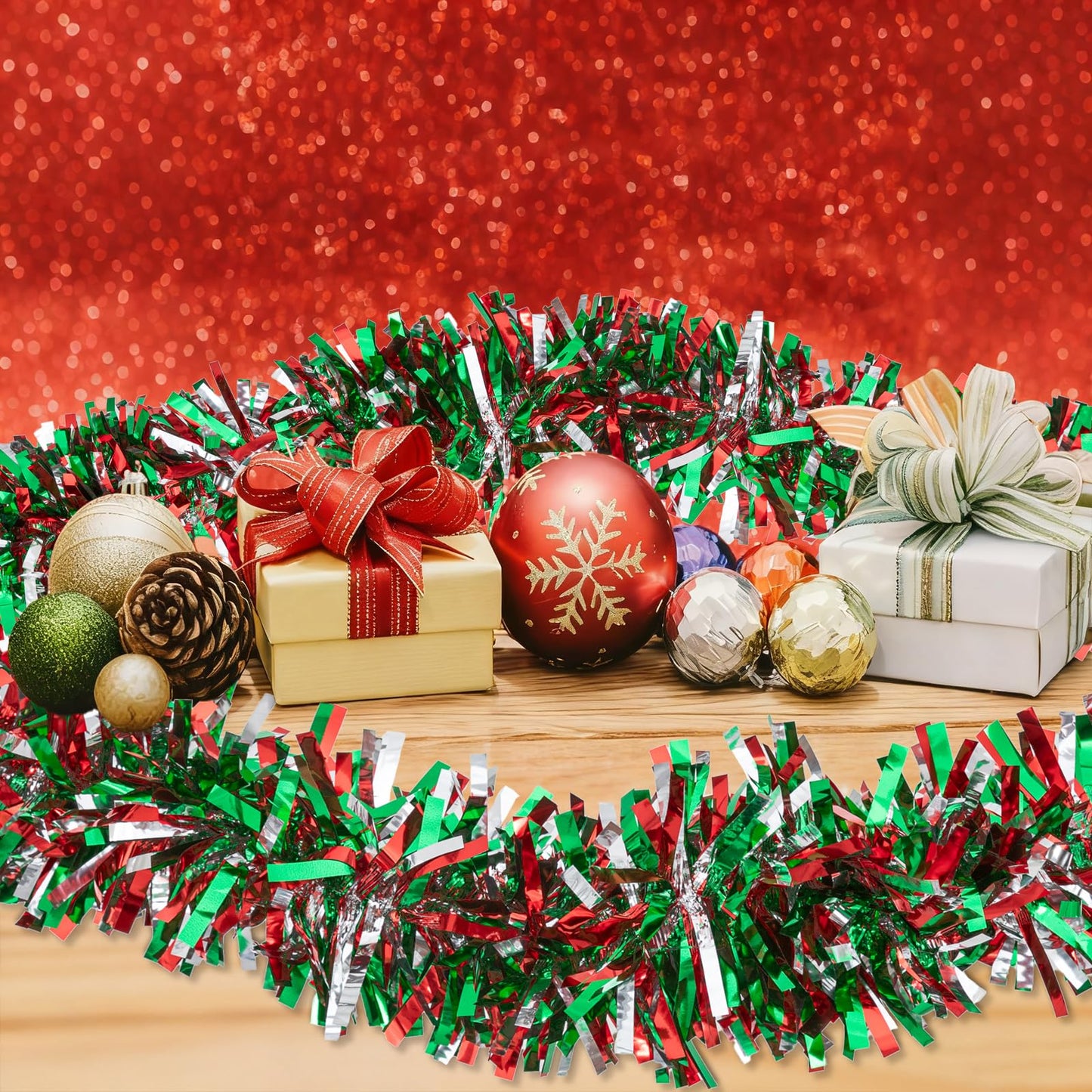 50.8 FT Christmas Tinsel Garland, Red Green Silver Metallic Twist Foil Tinsel Garland Glitter Xmas Hanging Decoration for Christmas Tree Wedding Birthday Home Party Decoration (Red Green Silver)