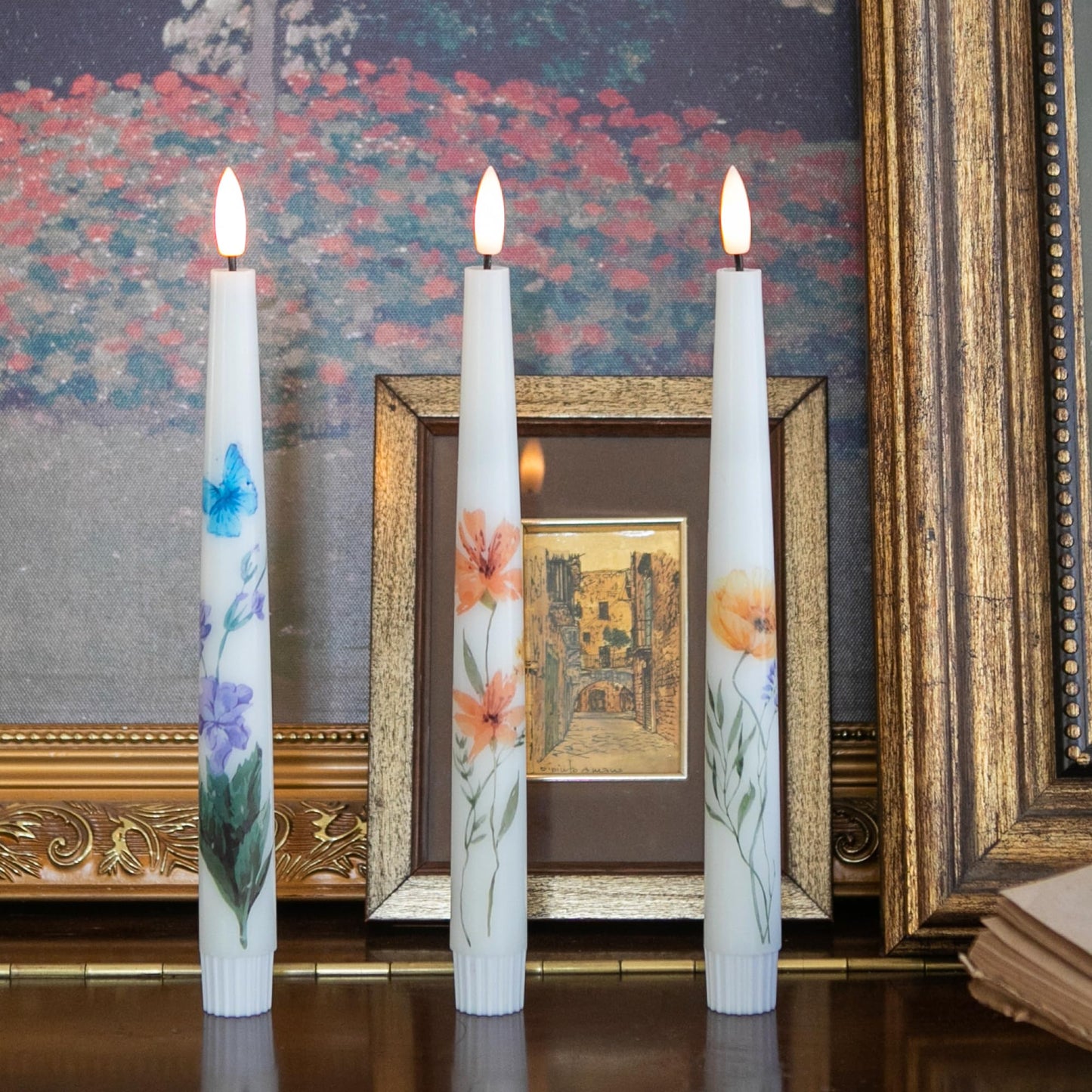AFINETH Spring Flameless Taper Candles with Flowers, 9.6" Real Wax LED Candles with Remote, 3 Pack Flickering Candlesticks Battery Operated, Fake Candle for Home, Wedding, Party Decor