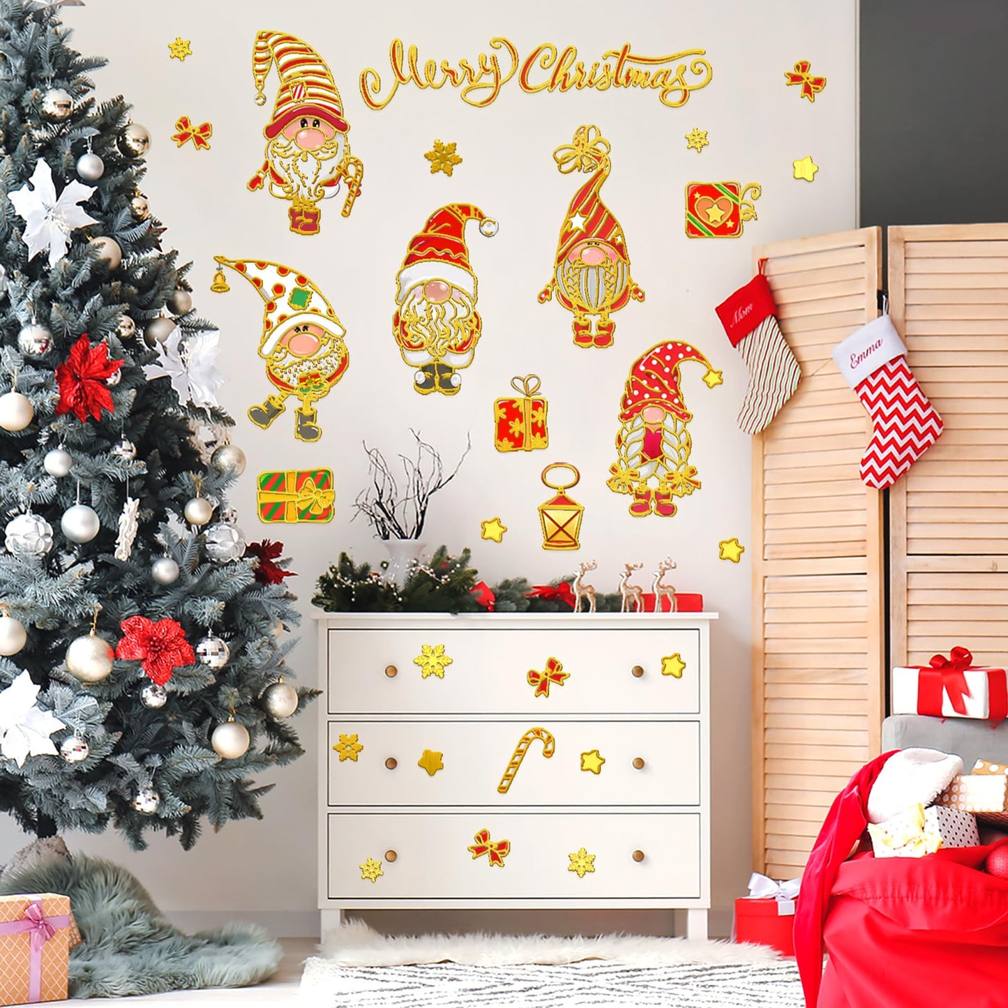 Wrdpyrmnis Christmas Gnome Wall Stickers Xmas Window Sticker Peel and Stick Wall & Window Decals for Xmas Festival Decor Kids Room Living Room Classroom Christmas Decoration (1 Sheet)