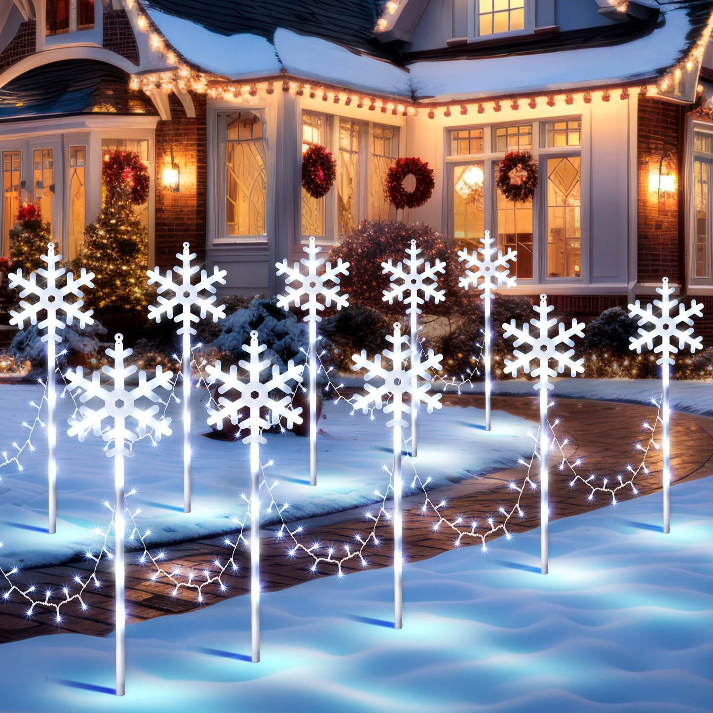 ElectricWise 10 Pcs Christmas Snowflake Pathway Stake Lights for Outdoor Yard, 370 Bright LEDs Waterproof Large Christmas Snowflake Light Decoration for Garden Lawn Driveway Walkway Decor(Cool White)