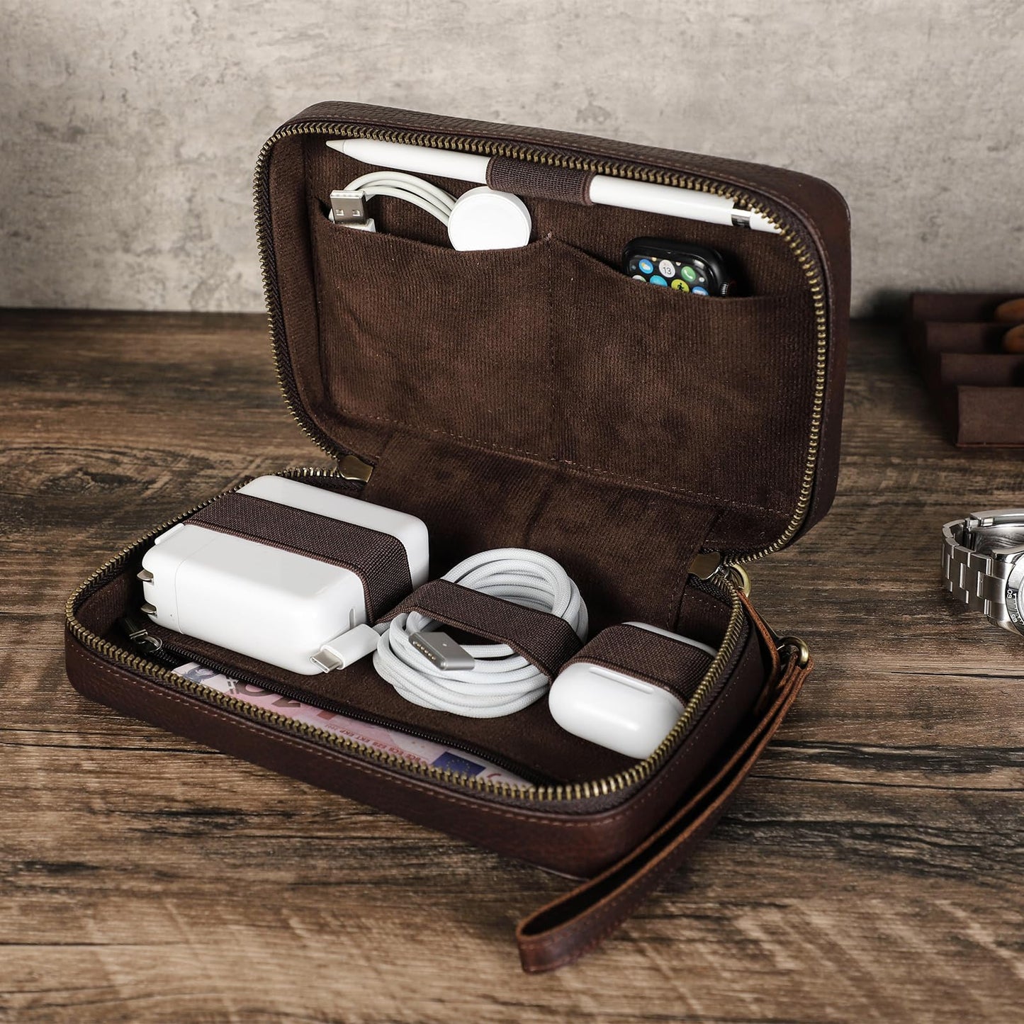 CONTACTS Full Grain Leather Electronic Organizer Travel Tech Case Electronics Accessories Storage Box Portable Holder for for Charger, Cables, Power Bank, Mouse