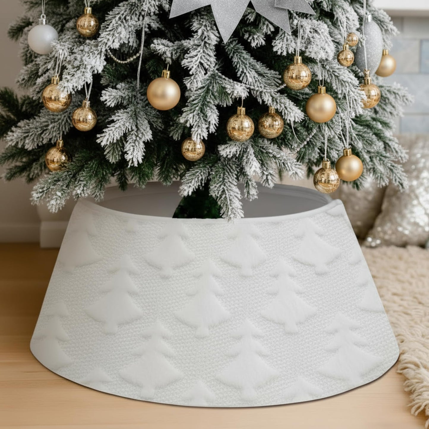 Halloscume 28.35 Inch Christmas Tree Collar Xmas Trees Skirt Boho Rustic White Faux Fur Christmas Tree Ring Skirt with Trees Pattern for Xmas Holiday Decoration Home Decor