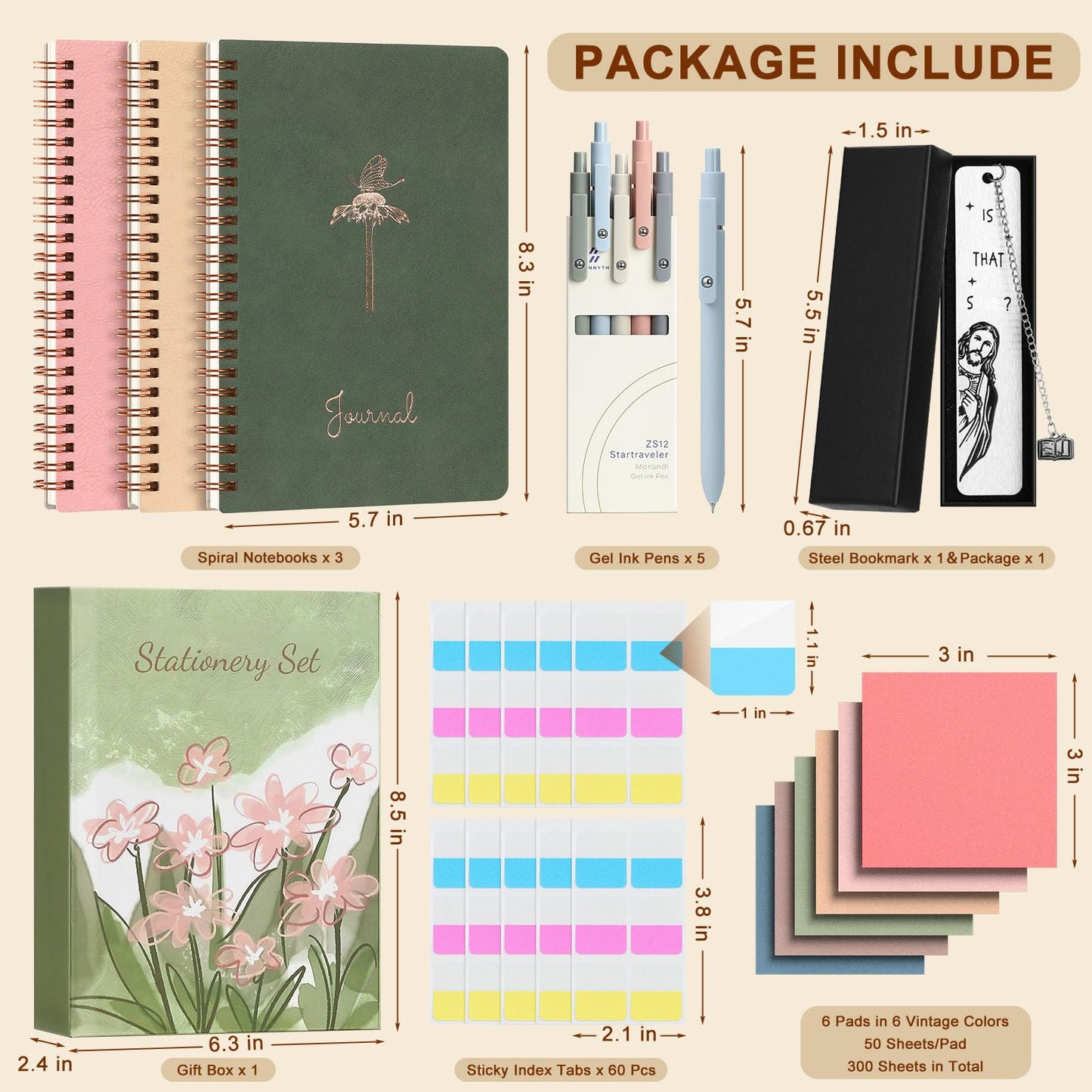 EudaBlos Stationery Set for Women, Journaling Kit, 3PCS A5 Spiral Notebooks, Gel Pens, Steel Bookmark, Sticky Notes & Tabs, Gift Box - Aesthetic Gift Set for Work Students School Office Supplies