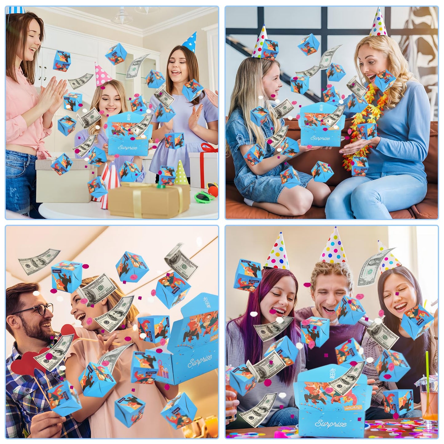 Surprise Gift Box Explosion for Money, Unique Folding Bouncing Red Envelope Gift Box with Confetti, Cash Explosion Luxury for Birthday Anniversary Valentine Proposal (15 Bounces) (Blue)