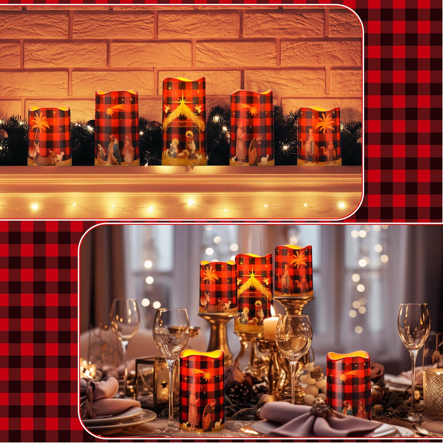 Glooglitter 5 Pcs Buffalo Plaid Nativity Scene Candles Flameless Christmas LED Pillar Jesus Religion Candles Battery Operated with Timer Remote for Xmas Christian Holiday Table Home Decor Church Party