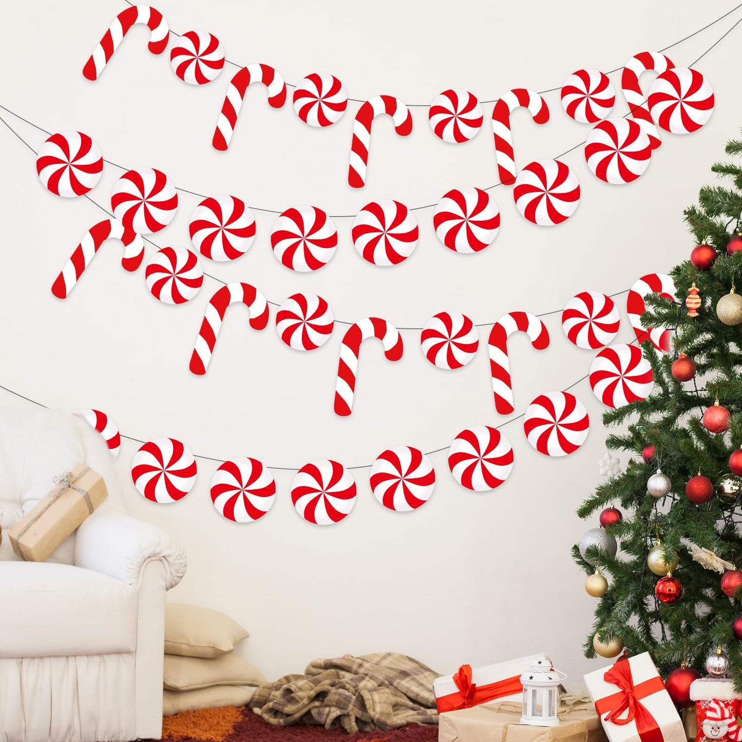 Whaline 4Pcs Christmas Paper Banner Red White Stripe Candy Cane Banner Xmas Bunting Garland for Christmas Party Supplies Home Hanging Decoration