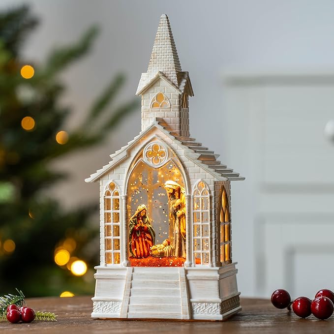 Christmas Nativity Snow Globe Lantern Musical Holy Family Lighted Water Church with Silent Night Music for Christmas Festival Decoration Gifts