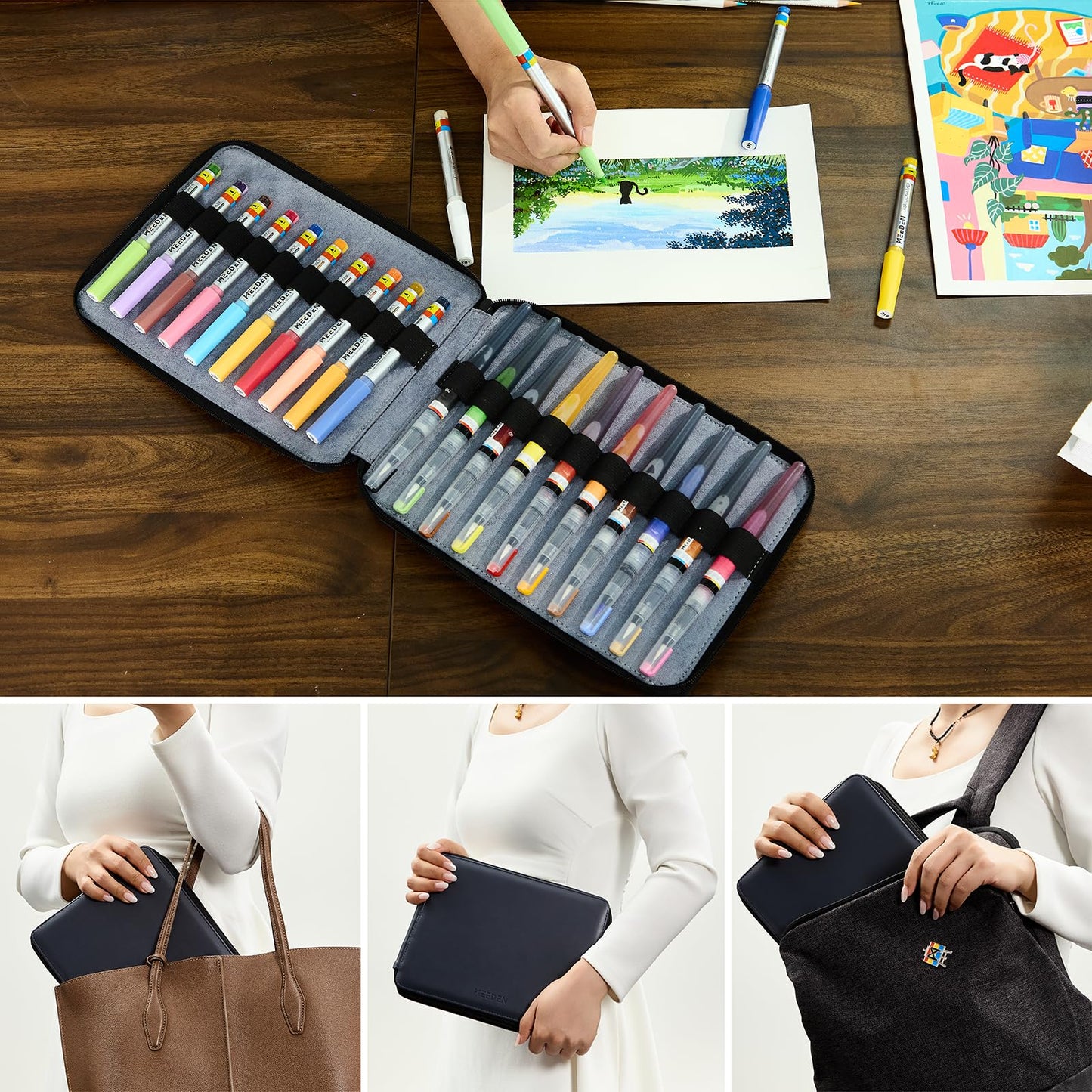 MEEDEN Pencil Marker Organizer Case: Premium PU Leather Zipper Pouch Lined with Silky Velvet - Large Capacity Pen Bag Supplies for Men & Artists – Slate Gray