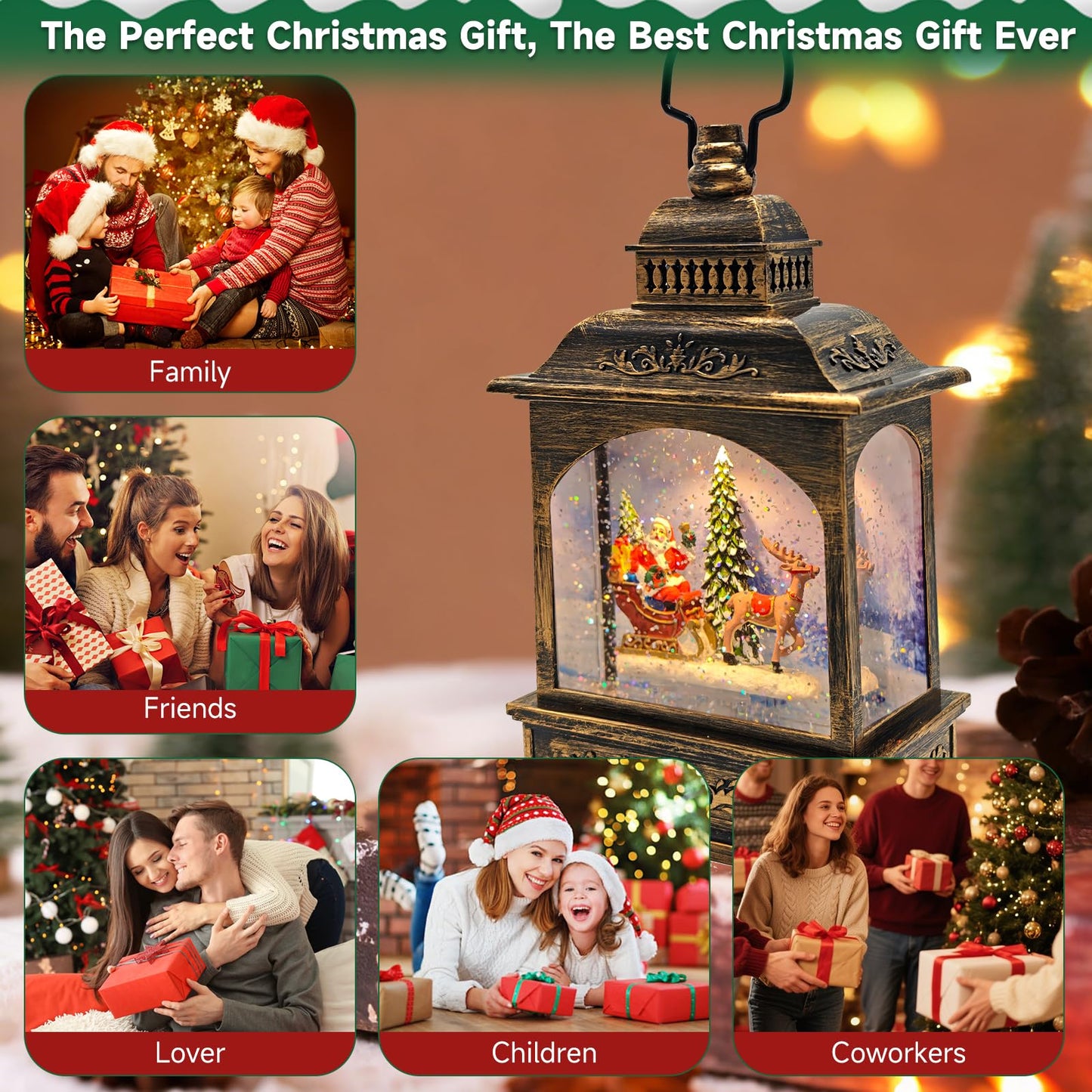 Christmas Snow Globes Lantern Lighted Water Glittering,with Santa Claus Projection/6H Timer/Music,Christmas Decorations Indoor-USB/Battery Operated-Gifts for Kids Adults-with Snow Scene Background
