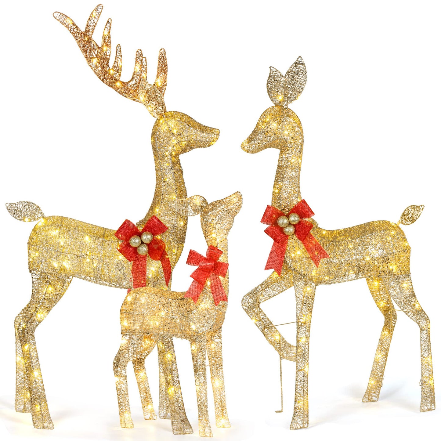 Lighted Christmas Decoration Deer 3 Piece, HOYECHI Light up Christmas Decor Reindeer Family Set for Indoor Outdoor Front Yard Porch with 210 LED Lights, Plug, Ground Stakes - Gold