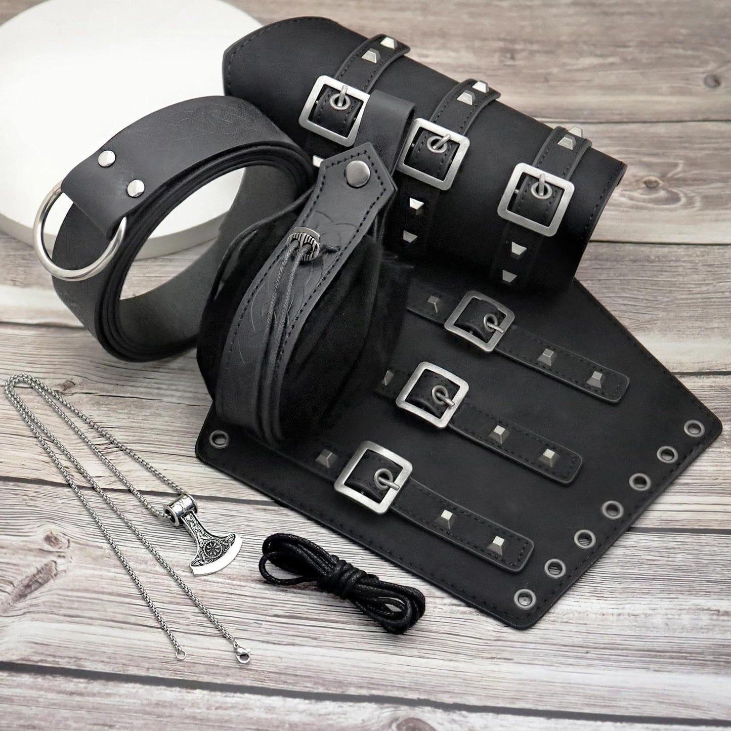 5pcs Medieval Viking Knight Bracers Arm Guards,Knight Belt,Drawstring Purse Pouch Bag and Stainless Steel Chain Axe Necklace Set for Renaissance Faires,LARP events,or Halloween costumes,5 Black set