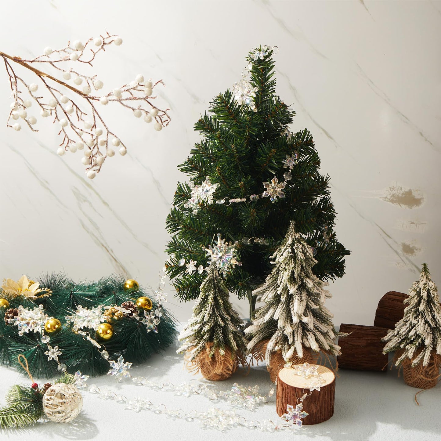 Gerrii 19.6 Feet Christmas Snowflake Tree Garland Acrylic Snow Flake Garland Iridescent Christmas Ornaments 2 Pcs Hanging Crystal Wreath for Xmas Tree Mantel Curtains, 9.8 Ft/Each