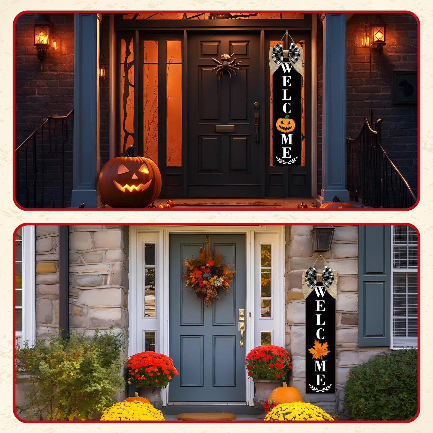 Sintuff Holiday Interchangeable Welcome Sign for Front Door Wood Porch Sign with 24 Pcs Seasonal Icons Home Farmhouse Holiday Welcome Outdoor Festival Seasonal Decoration(Black,Large)